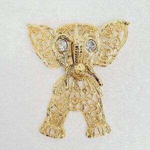 Vintage ELEPHANT Articulated Haute Couture Brooch Rhinestones Goldtone Dangle